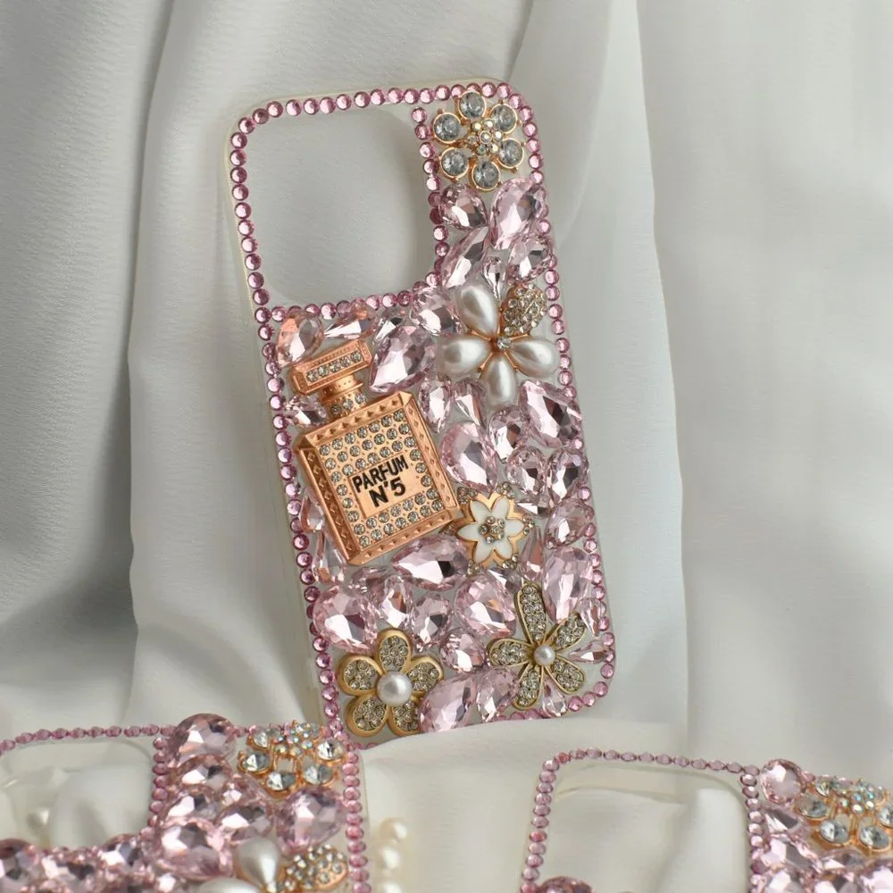 Pink Crystal Encrusted  Silicone iPhone case with Perfume bottle - iPhone 13/14